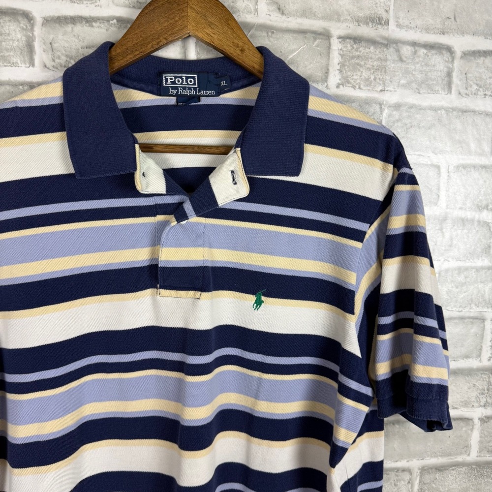 Polo Ralph Lauren Mens XL Striped Short Sleeve Polo Navy Blue Yellow Cotton